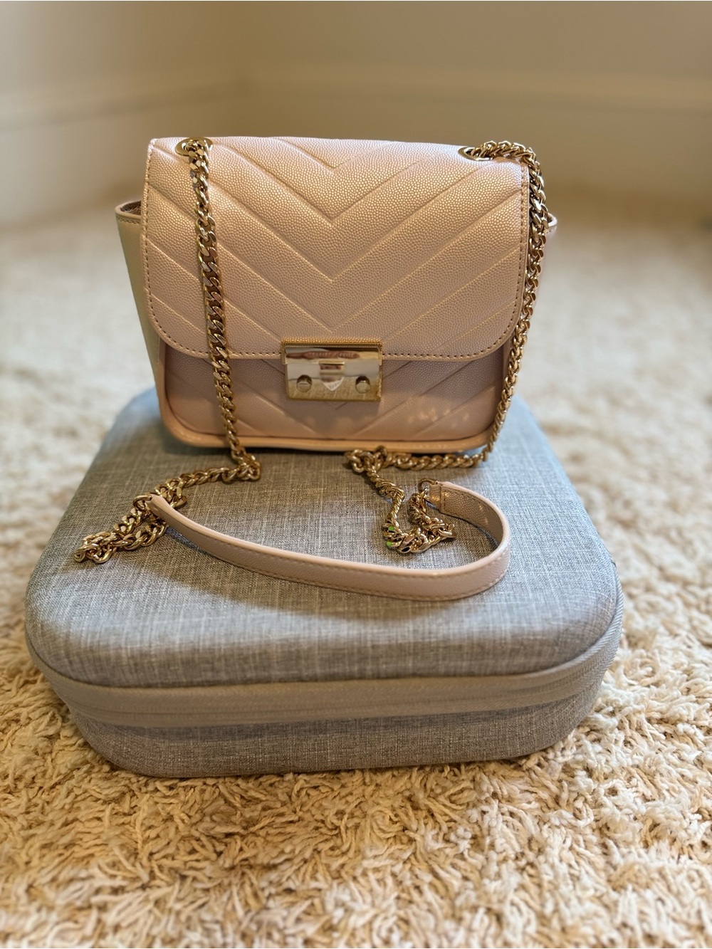 Charles & Keith Quilted Crossbody Bag in Blush Pink with Gold Chain